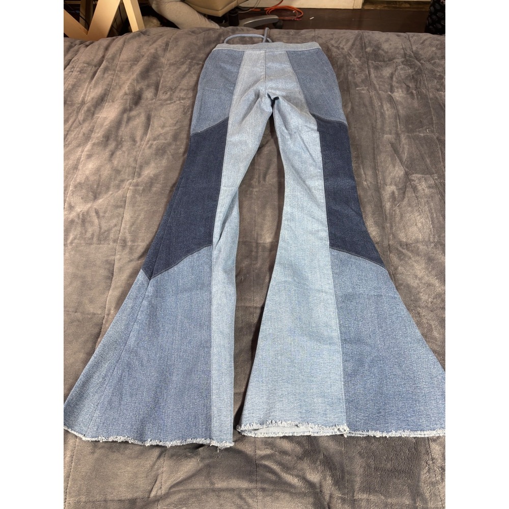 Venus Patchwork Bell Bottom Flare Jeans Blue Lace Up High Rise Womens Size 4 - Picture 13 of 14